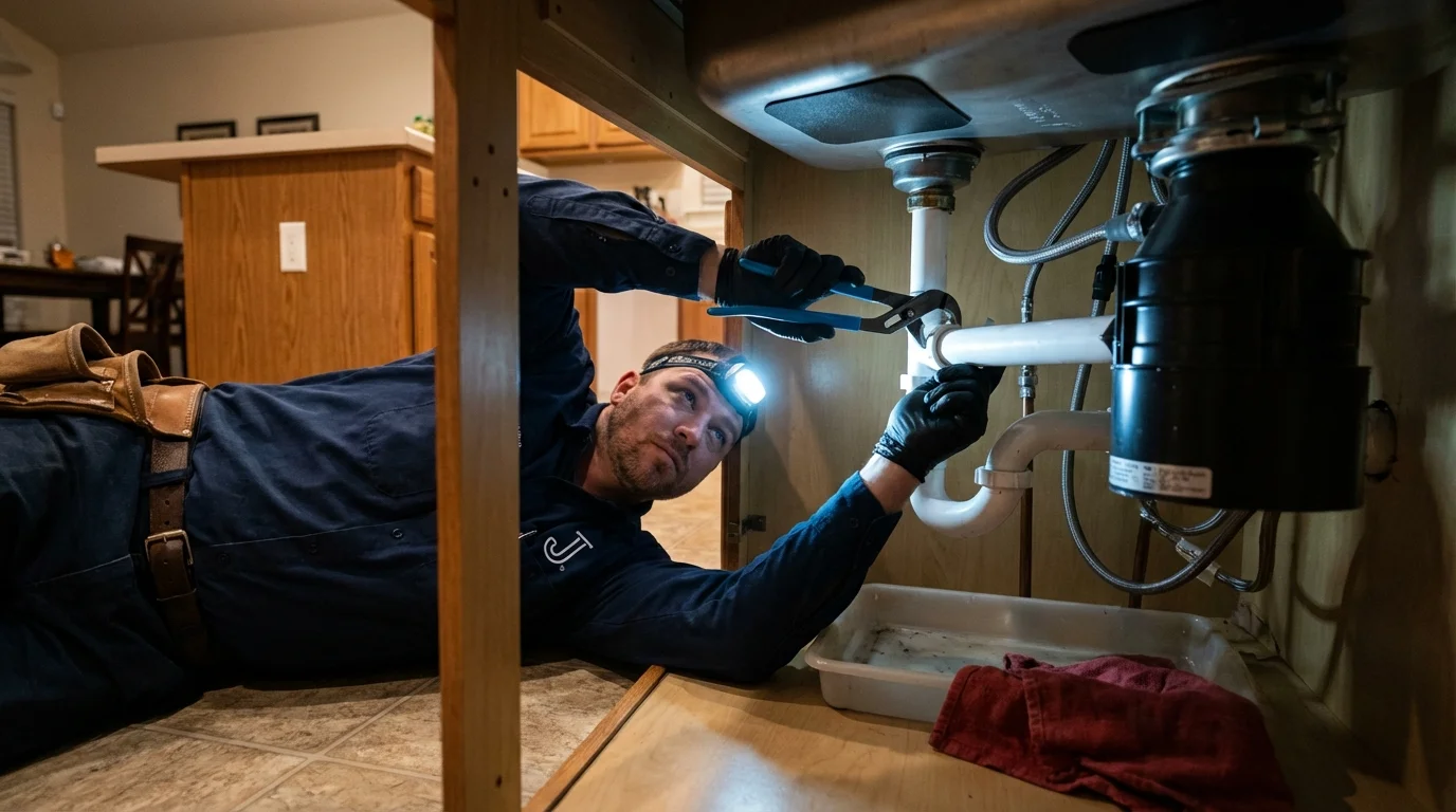 P-trap and supply line connections under a kitchen sink showing a common leak point in Burwell, NE